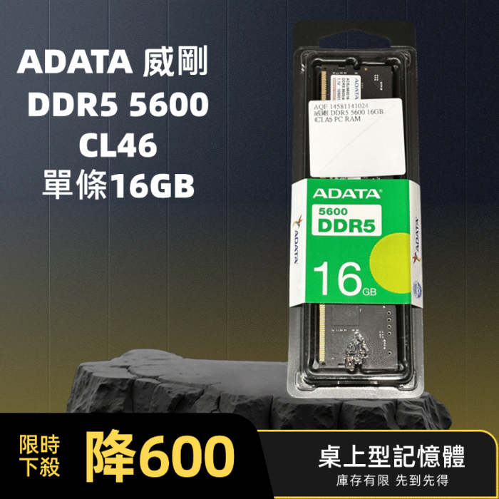 【全新品】ADATA 威剛 DDR5 5600 單條16GB/CL46 桌上型記憶體 (AD5U560016G-S) 適合AI：圖片 1