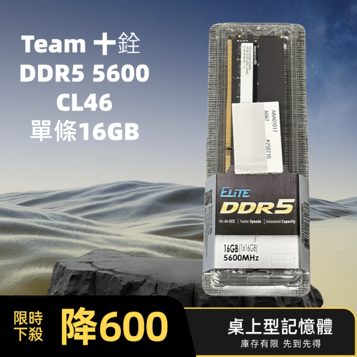 【全新品】Team 十銓 ELITE DDR5 5600 16GB CL46 桌上型記憶體：圖片 1